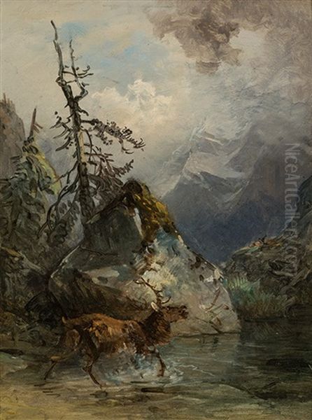 Deer On The Bank Of A Mountain Lake Oil Painting by Friedrich Gauermann