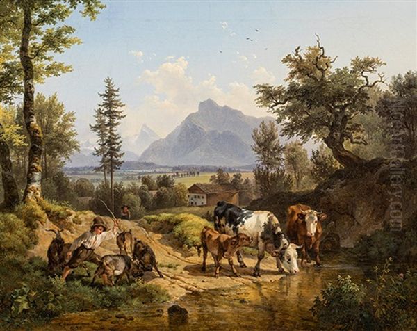 Cattle At The Water Trough Oil Painting by Friedrich Gauermann