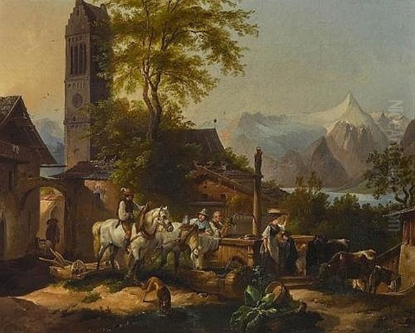 Brunnen Von Zell Am See Oil Painting by Friedrich Gauermann