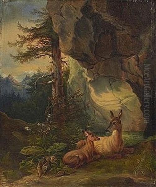 Reh An Der Quelle - Ricke Mit Kitz Vor Einer Felswand Oil Painting by Friedrich Gauermann