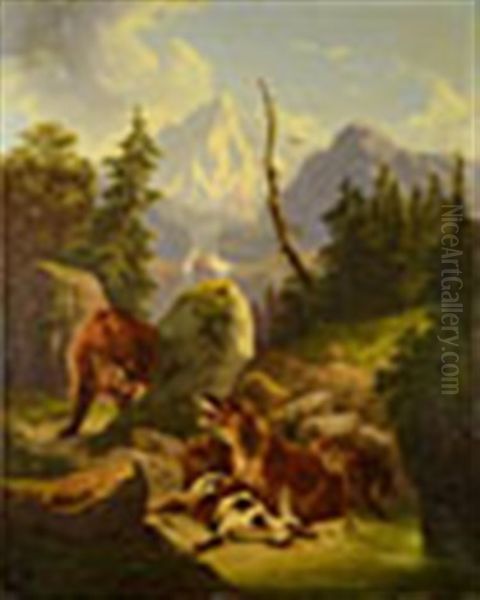 Bears With Prey In Mountain Landscape Oil Painting by Friedrich Gauermann