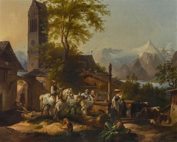 Brunnen Von Zell Am See Oil Painting by Friedrich Gauermann