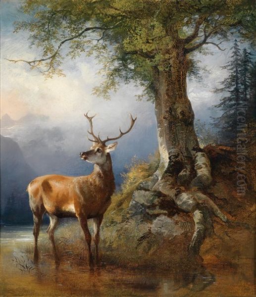 Hirsch Am Gosausee Im Hintergrund Der Dachstein Oil Painting by Friedrich Gauermann