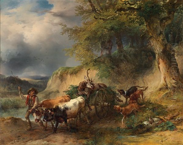 Der Erlegte Hirsch, Von Hunden Begleitet Oil Painting by Friedrich Gauermann