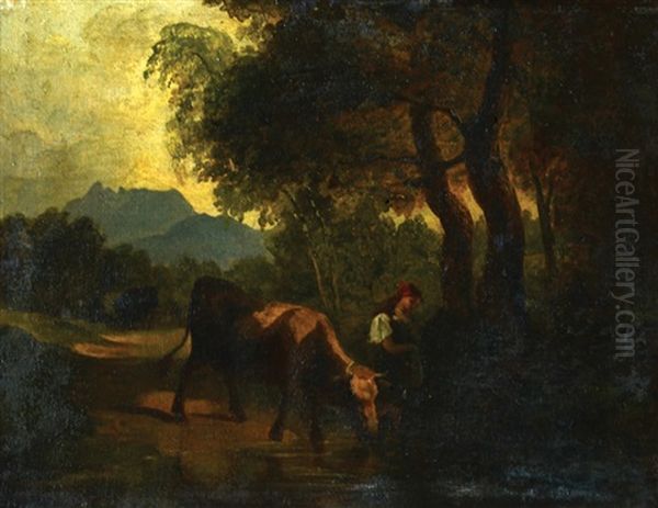 Cow And Peasant Oil Painting by Friedrich Gauermann