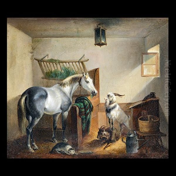 Horse With Goats And Cat Oil Painting by Friedrich Gauermann