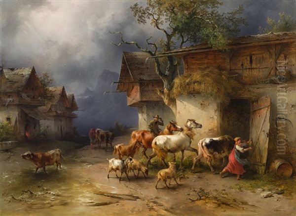 Heimeilendes Vieh In Einem Gebirgsdorf Bei Regen Oil Painting by Friedrich Gauermann