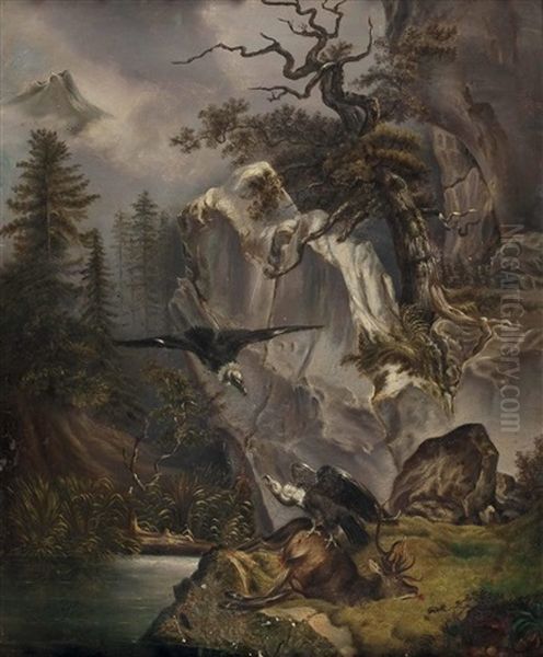 Zwei Geier Beim Verendeten Hirsch (vom Jahr 1832) Oil Painting by Friedrich Gauermann