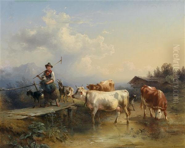 Madchen Am Heimweg Mit Ziegen Und Kuhherde Oil Painting by Friedrich Gauermann