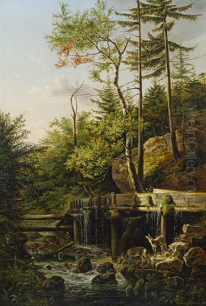 Rehe Am Waldbach (die Wehre Aus Dem Posteldamm Mit Rehen) Oil Painting by Friedrich Gauermann