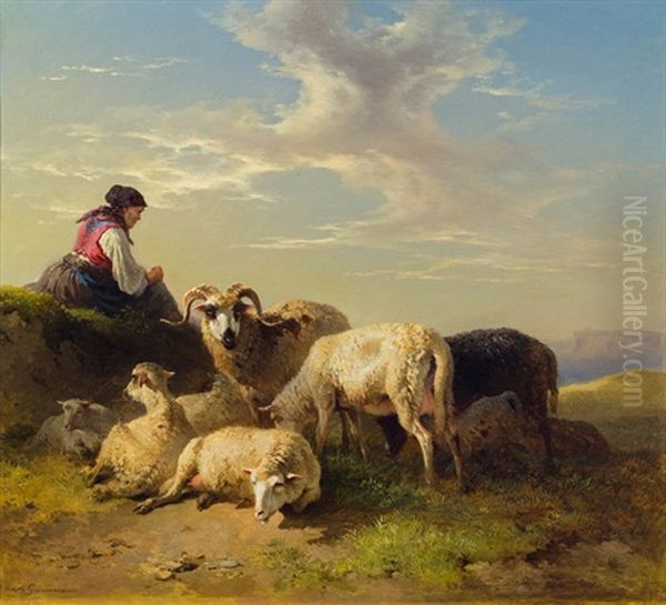 Hirtin Mit Schafherde Oil Painting by Friedrich Gauermann