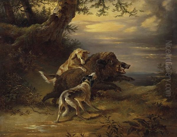 Eber, Von Hunden Angefallen Oil Painting by Friedrich Gauermann