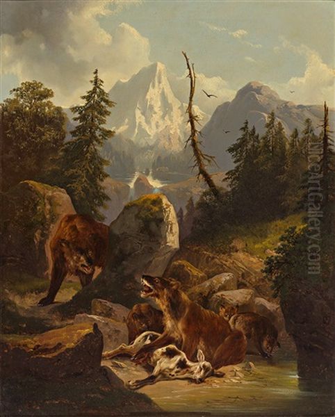 Hochgebirgslandschaft Mit Baren Und Erlegtem Wild Oil Painting by Friedrich Gauermann