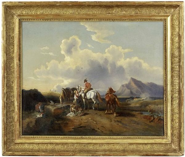 Rast Und Begegnung An Der Tranke, Im Hintergrund Der Untersberg Bei Salzburg Oil Painting by Friedrich Gauermann