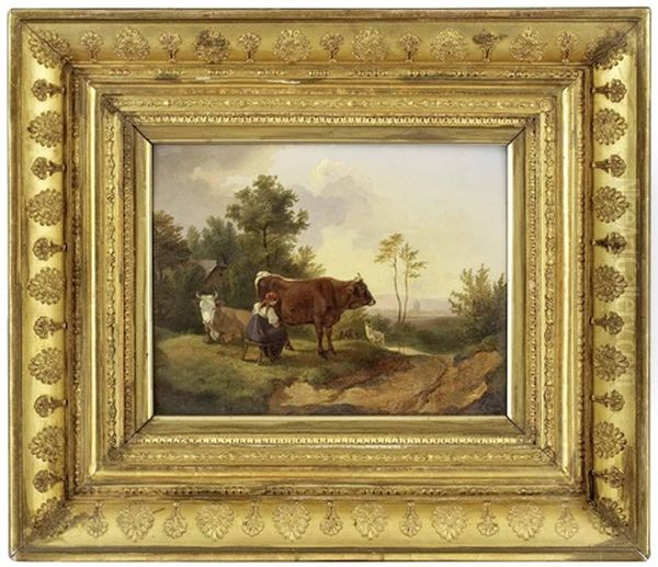 Bukolische Landschaftsidylle Mit Melkender Hirtin Oil Painting by Friedrich Gauermann