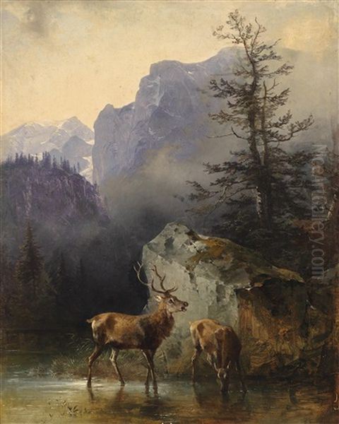 Hirsch Und Tier An Der Tranke Oil Painting by Friedrich Gauermann