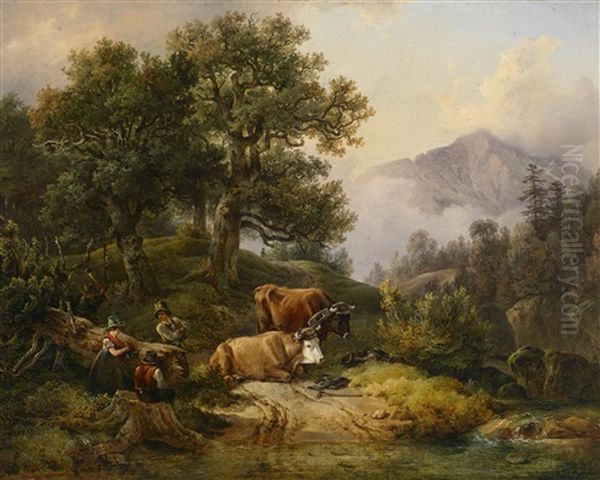 Eine Waldpartie, Im Hintergrund Der Otscher, Im Vordergrund Bauern, Die Im Holz Arbeiten, Mit Eingespannten Ochsen Oil Painting by Friedrich Gauermann