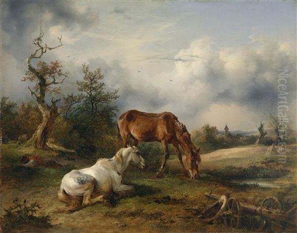 Ein Schimmel Und Ein Fuchs Auf Der Weide Oil Painting by Friedrich Gauermann