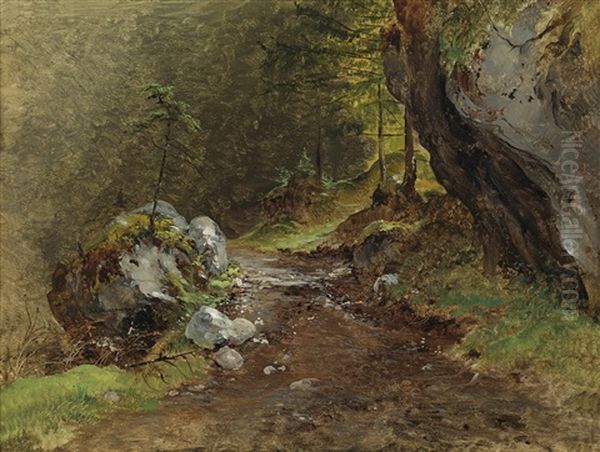 Sonnenbeschienener Waldweg Oil Painting by Friedrich Gauermann