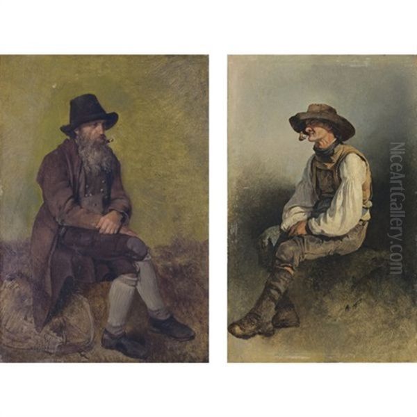 Ein Bartiger Mann Mit Tabakspfeife (bearded Man Smoking A Pipe)(+ Ein Bauer Mit Tabakspfeife (farmer Smoking A Pipe): 2 Works) Oil Painting by Friedrich Gauermann