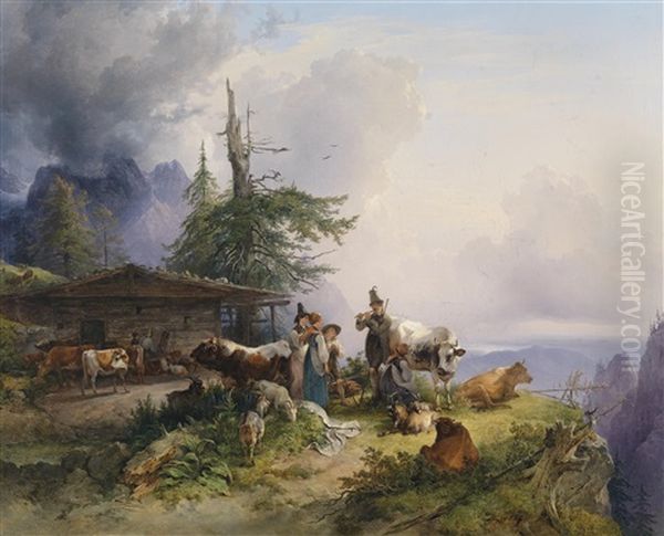 Eine Alpenwirtschaft Am Untersberg In Salzburg Mit Vielen Tieren Oil Painting by Friedrich Gauermann