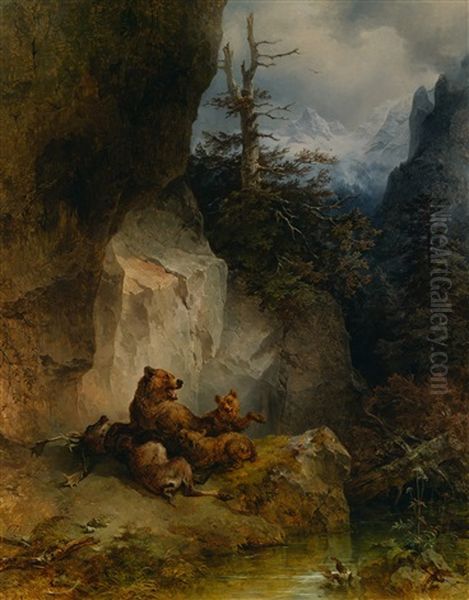 Eine Barin Mit Jungen Uber Einen Hirsch Her Beschaftigt Oil Painting by Friedrich Gauermann