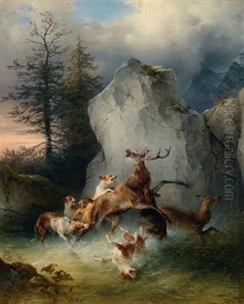 Zwei Hirsche Werden In Einem Gebirgsbach Von Hunden Gehetzt Oil Painting by Friedrich Gauermann