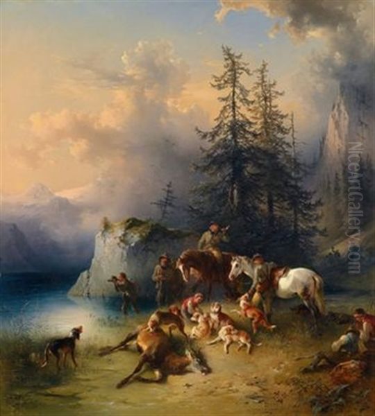 Die Beendete Jagd - Jager, Treiber Und Hunde Bei Einem Erlegten Hirsch Oil Painting by Friedrich Gauermann