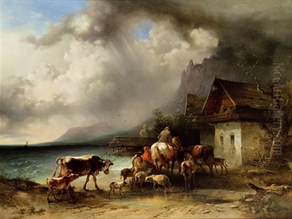 Heimeilende Herde Bei Regen Am Attersee (collab. W/wilhelm Pollak) Oil Painting by Friedrich Gauermann