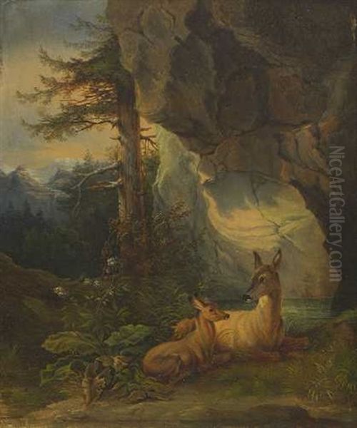 Reh An Der Quelle (+ Ricke Mit Kitz Vor Einer Felswand; Pair) Oil Painting by Friedrich Gauermann