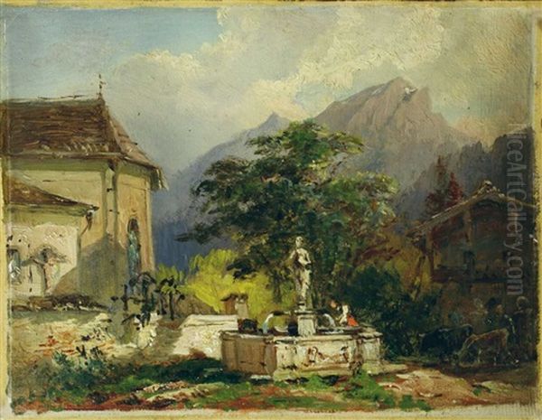 Dorfbrunnen Bei Einer Kirche Oil Painting by Friedrich Gauermann