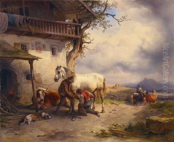 Vor Der Dorfschmiede Oil Painting by Friedrich Gauermann