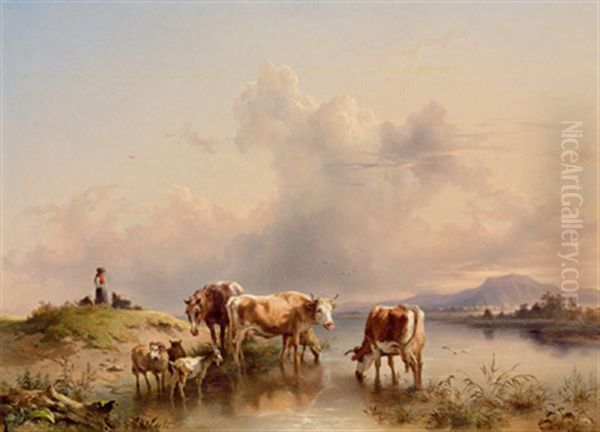 Herde Mit Hirte Und Bauernmadchen Am Seeufer Oil Painting by Friedrich Gauermann