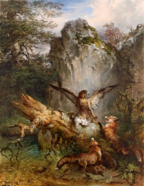 Fuchse Wollen Einem Adler Die Beute Abjagen Oil Painting by Friedrich Gauermann