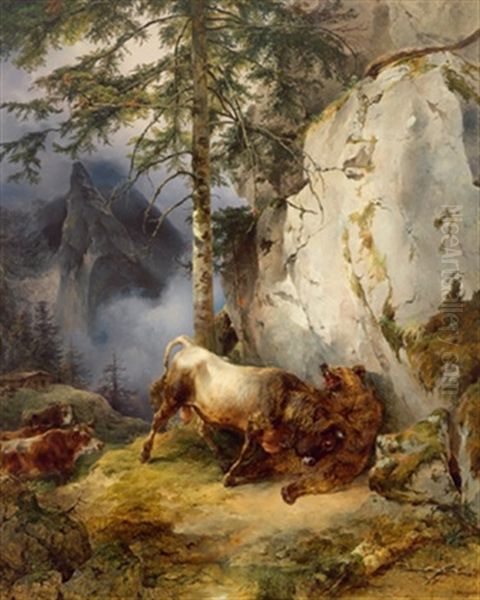 Ein Stier Kampft Mit Einem Baren Oil Painting by Friedrich Gauermann