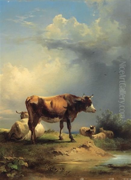 Kuhe Und Schafe An Einem Tumpel Oil Painting by Friedrich Gauermann