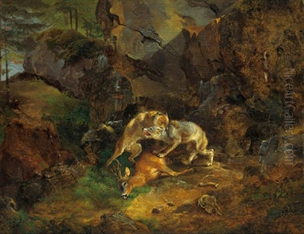 Zwei Wolfe Raufen Sich Um Ihre Beute Oil Painting by Friedrich Gauermann