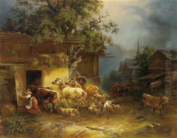 Gewitterregen In Einem Gebirgsdorf Oil Painting by Friedrich Gauermann