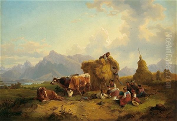 Ernteszene Im Salzburgischen Mit Blick Auf Den Untersberg Oil Painting by Friedrich Gauermann