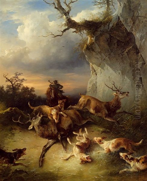 Hirschjagd Mit Hunden Und Melder by Friedrich Gauermann