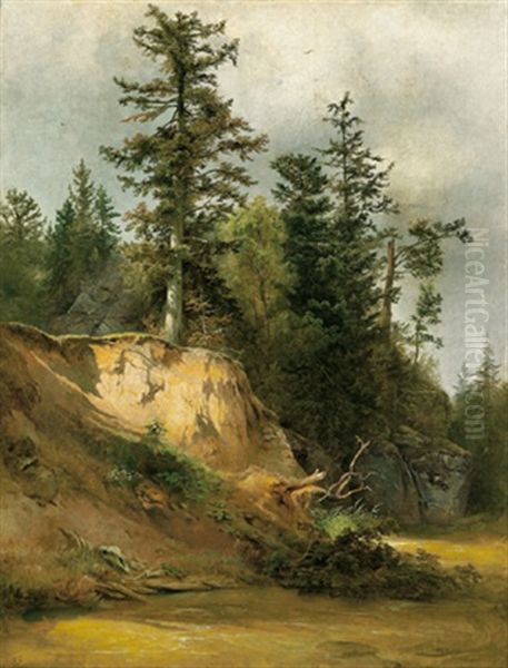 Felsen Mit Baumen Bei Einem Bach Oil Painting by Friedrich Gauermann