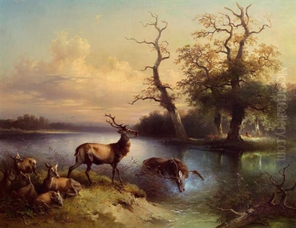 Hirsche Am Abend In Der Au Oil Painting by Friedrich Gauermann