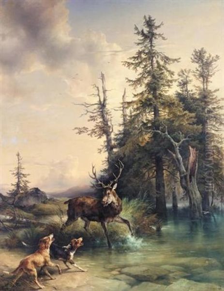 Hunde Stellen Einen Hirschen Im Wasser Oil Painting by Friedrich Gauermann