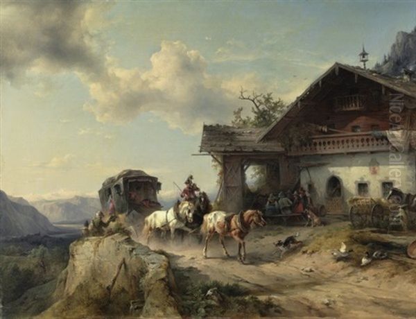 Ankunft Der Postkutsche Auf Der Passhohe Oil Painting by Friedrich Gauermann