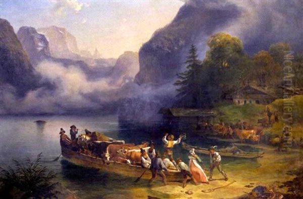 Einschiffung Einer Herde Am Konigssee Oil Painting by Friedrich Gauermann