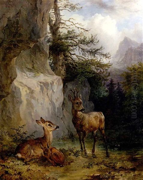 Rehbock, Geis Und Kitz An Einem Kleinem Gebirgsweiher Oil Painting by Friedrich Gauermann