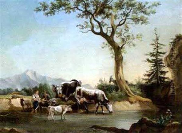 Ein Madchen Treibt Kuhe In Den Bach, Rechts Baume Oil Painting by Friedrich Gauermann