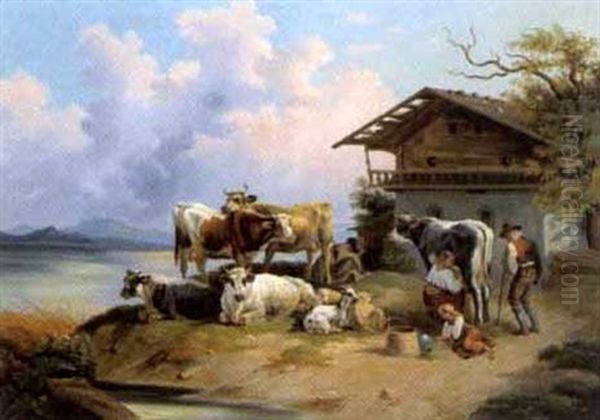 Tierherde Mit Figurlicher Staffage Am Seeufer Oil Painting by Friedrich Gauermann