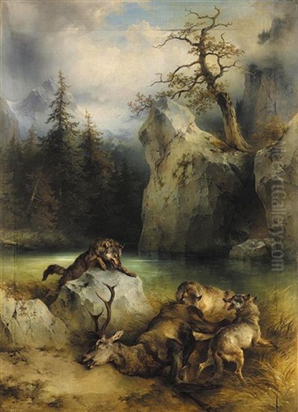 Rehbock Von Wolfen Uberfallen (wolves Preying On A Stag) Oil Painting by Friedrich Gauermann