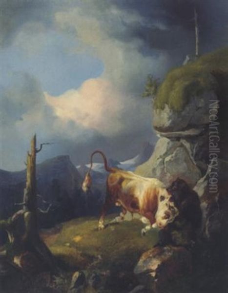 Ein Stier Kampft Mit Einem Baren Oil Painting by Friedrich Gauermann